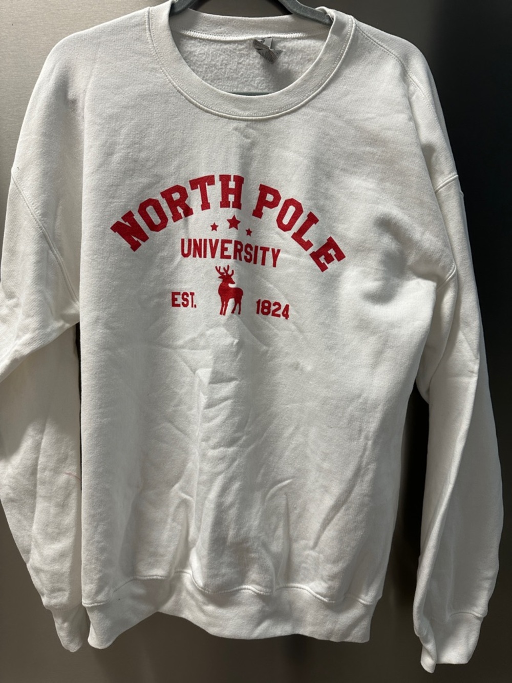 Gildan White Crewneck Sweatshirt with Red North Pole University Graphic